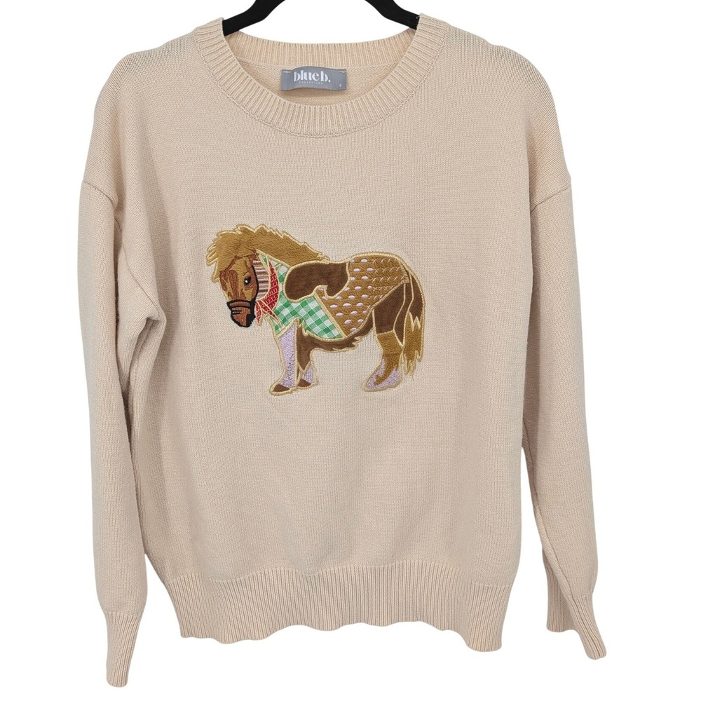Blue B Horse Sweater Womens Small Beige Pony Embroidered Crewneck Western Rodeo